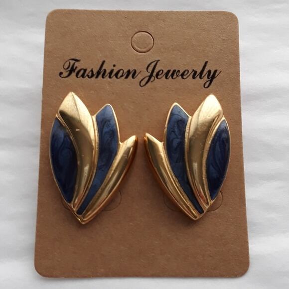 Vintage Tulip Stud Earrings Blue Gold - Picture 1 of 2